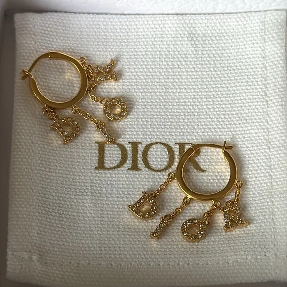 Christian Dior gold crystal drop logo earrings with box and pouch - Picture 3 of 7
